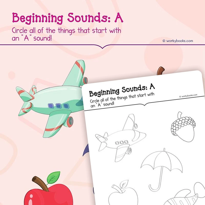 Beginning Sounds: A — ela worksheet for Grade K, page 1 of 3