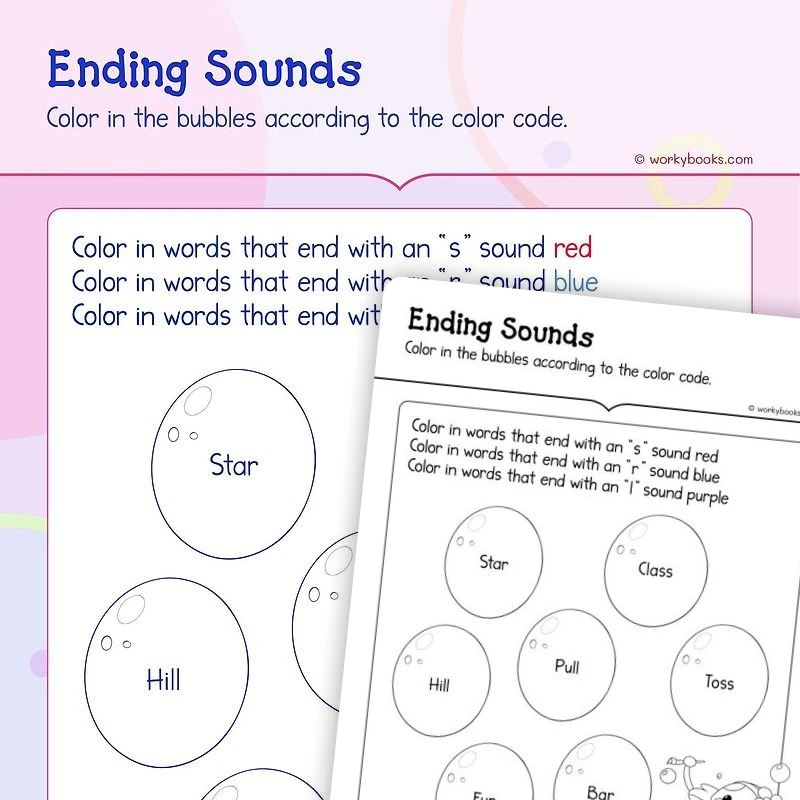 Ending Sounds — ela worksheet for Grade K, page 1 of 3