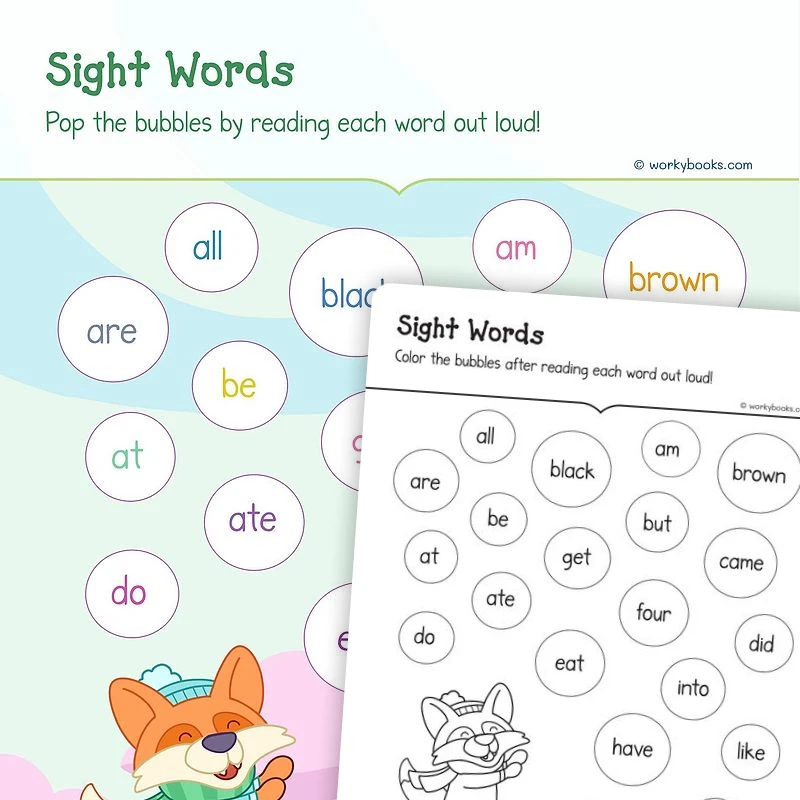 Pop the Sight Words — ela worksheet for Grade K, page 1 of 3