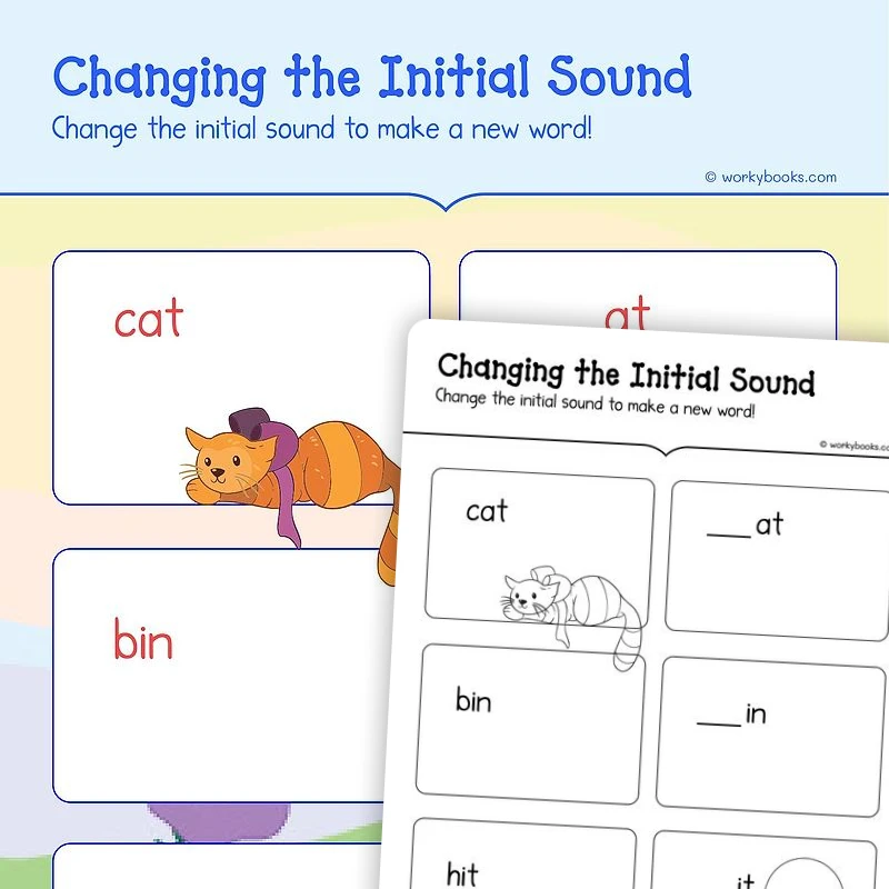 Changing the Initial Sound — ela worksheet for Grade K, page 1 of 3
