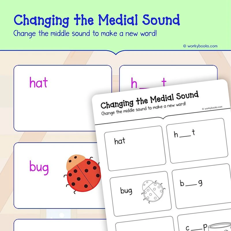Changing the Medial Sound — ela worksheet for Grade K, page 1 of 3