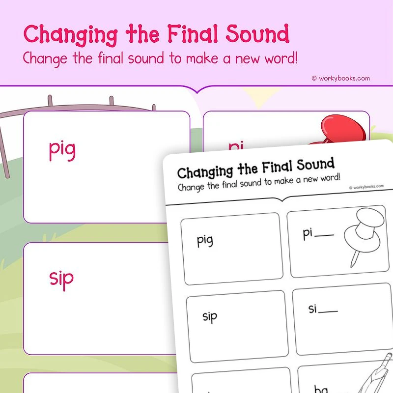 Changing the Final Sound — ela worksheet for Grade K, page 1 of 3