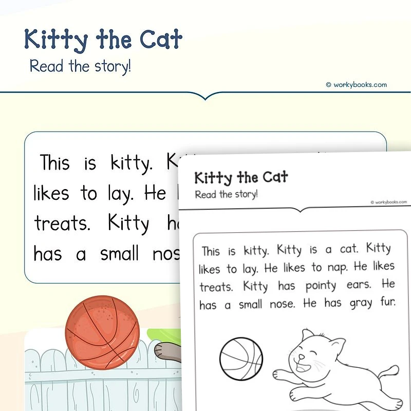 Kitty the Cat—Reading Emergent-Reader Texts — ela worksheet for Grade K, Grade 1, page 1 of 3