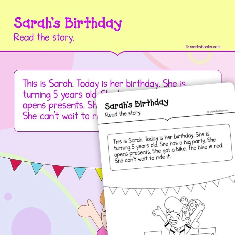 Sarah's Birthday—Emergent Reader text — ela worksheet for Grade K, Grade 1, page 1 of 3