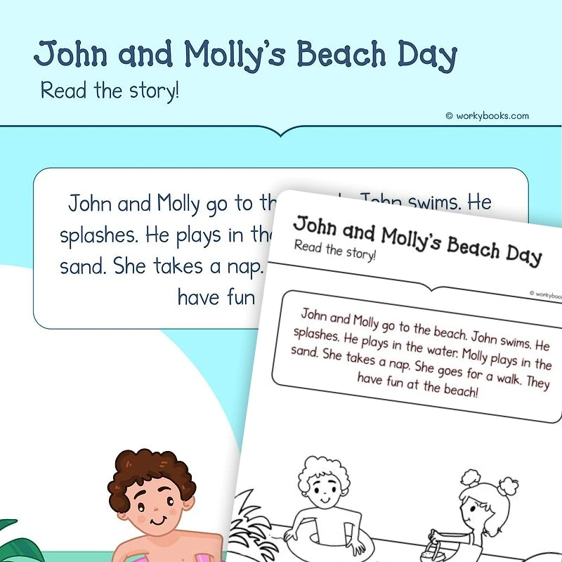 John and Molly's Beach Day—Short Story — ela worksheet for Grade K, Grade 1, page 1 of 3