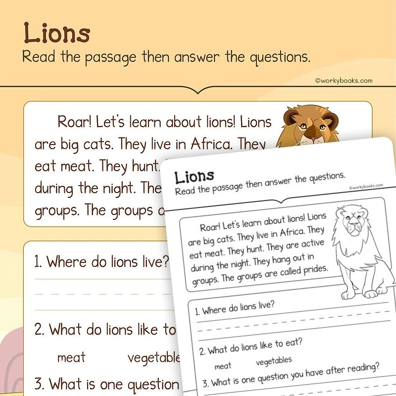 Lions—Informational Text — ela worksheet for Grade K, Grade 1, page 1 of 3