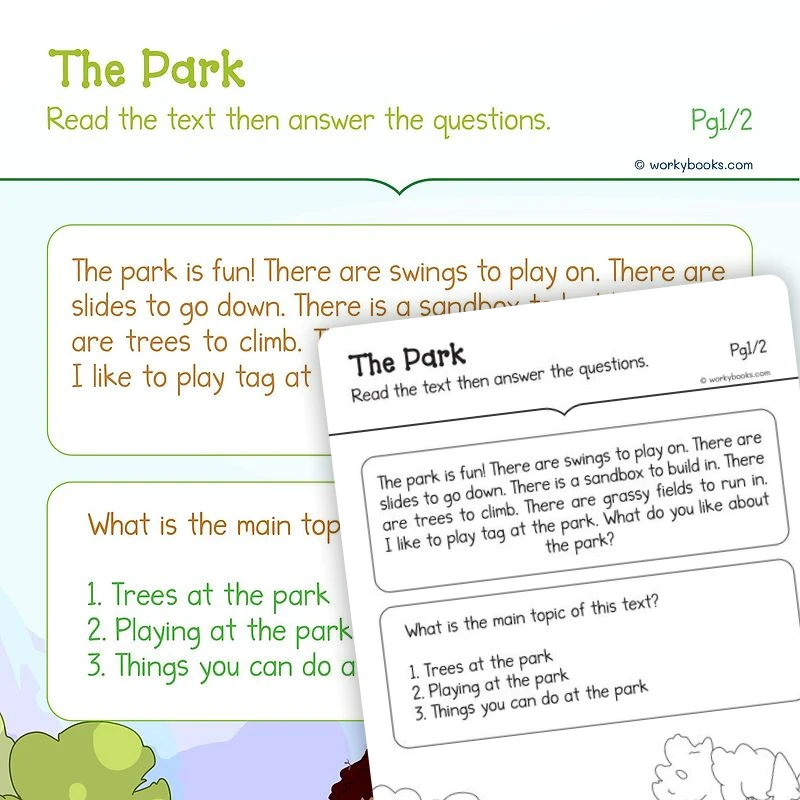 The Park—Informational Text — ela worksheet for Grade K, Grade 1, page 1 of 3