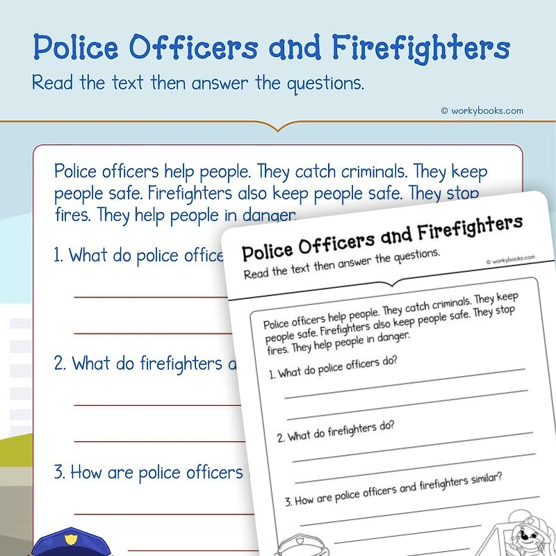 Police Officers and Firefighters—Describe the Connections In Text — ela worksheet for Grade K, page 1 of 3