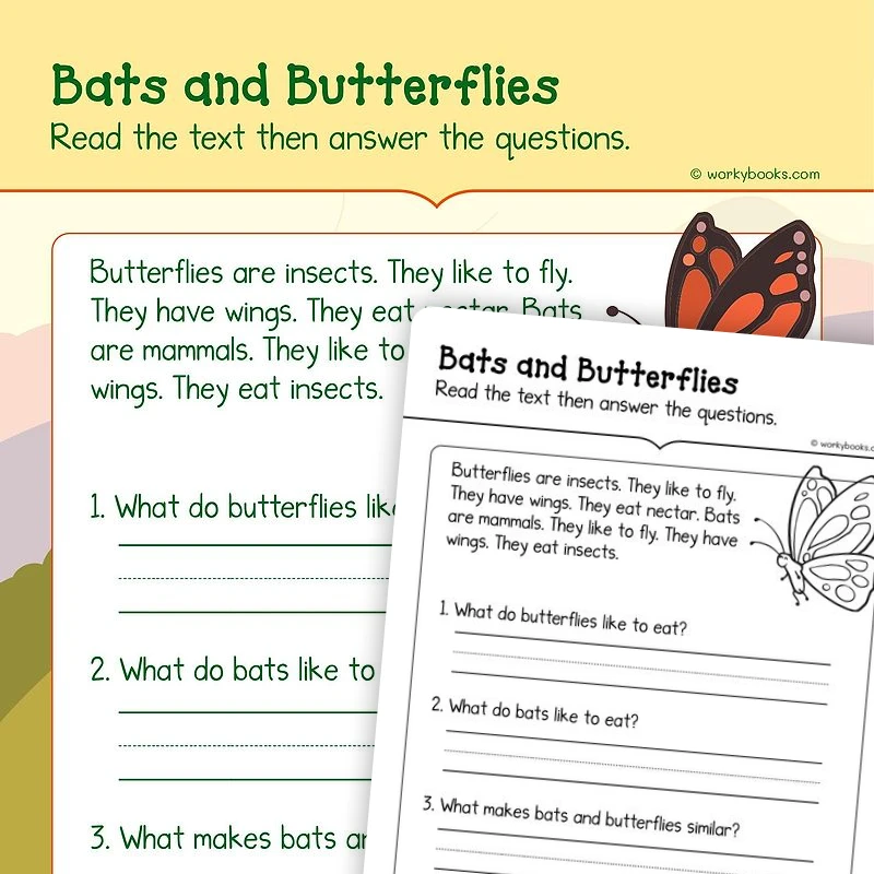 Bats and Butterflies—Informational Text — ela worksheet for Grade K, page 1 of 3