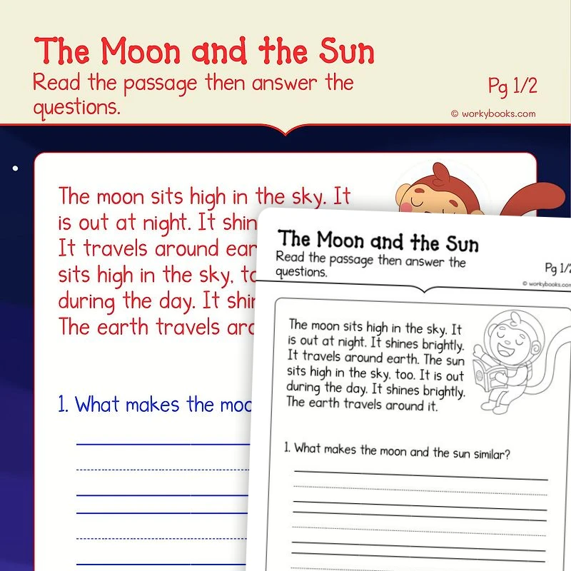 The Moon and the Sun—Informational Text — ela worksheet for Grade K, page 1 of 3