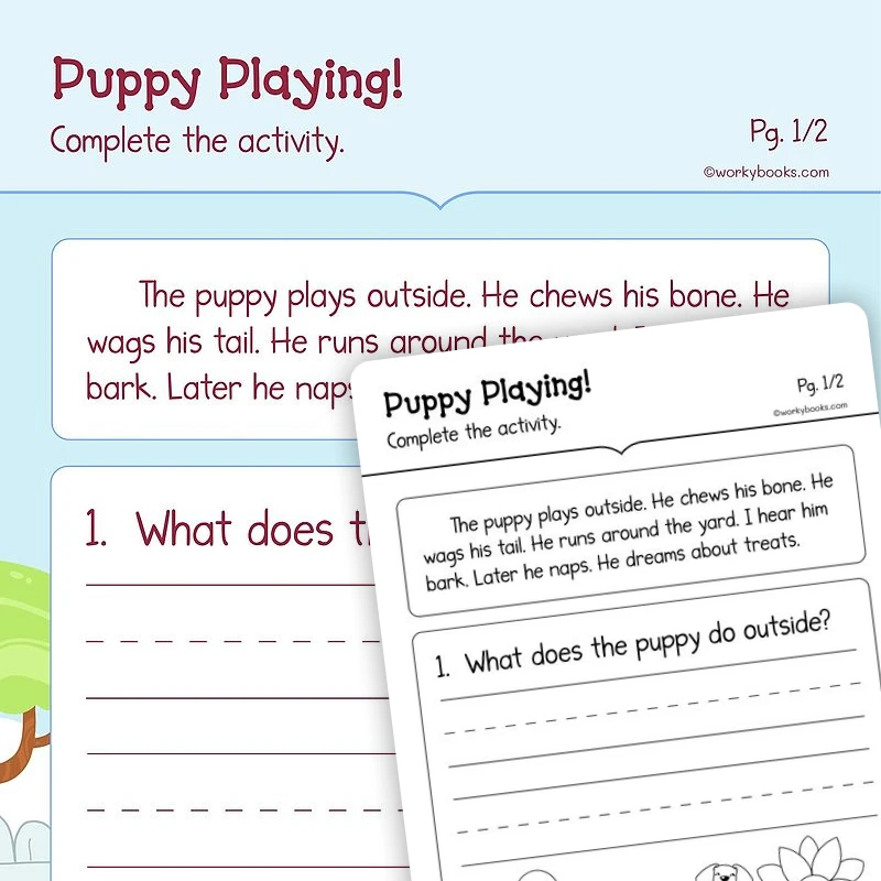 Puppy Playing!—Short Story — ela worksheet for Grade K, page 1 of 3