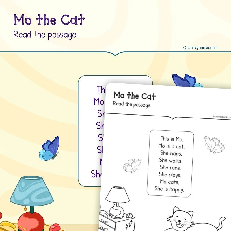Mo the Cat—Short Story — ela worksheet for Grade K, page 1 of 3
