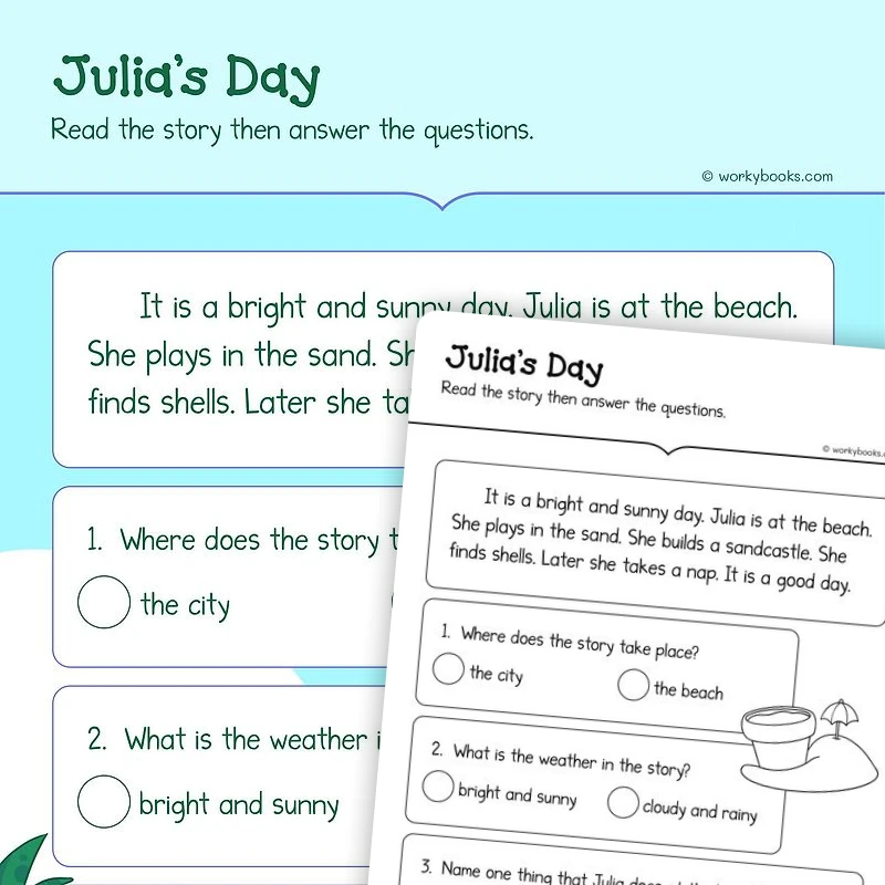 Julia's Day—Short Story — ela worksheet for Grade K, page 1 of 3