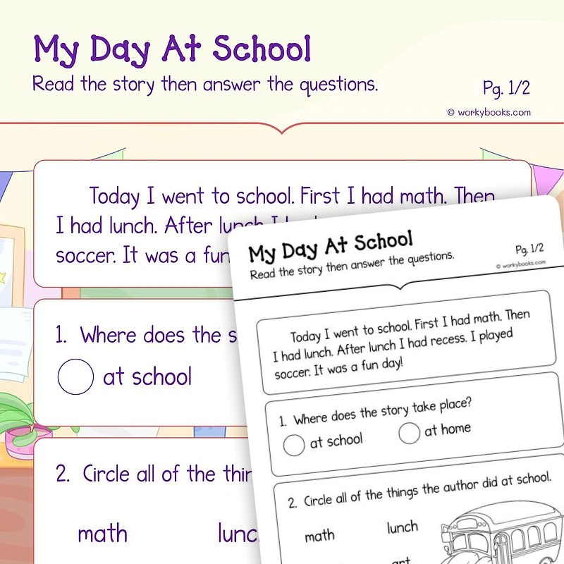 My Day At School—Short Story — ela worksheet for Grade K, page 1 of 3