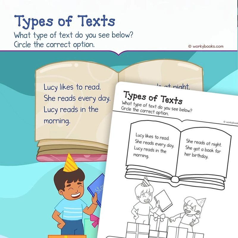 Identifying Text Types — ela worksheet for Grade K, page 1 of 3