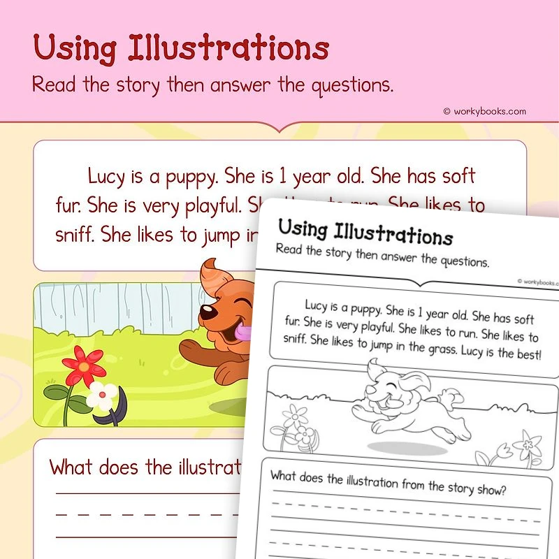 Using Illustrations — ela worksheet for Grade K, page 1 of 3