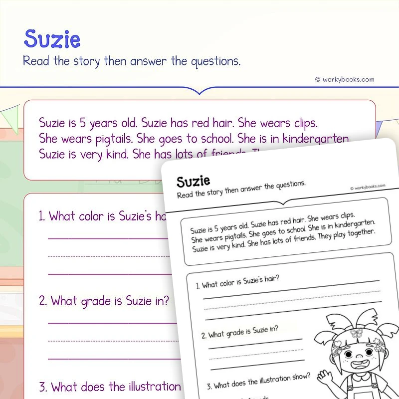 Suzie—Using Illustrations in Literature — ela worksheet for Grade K, page 1 of 3