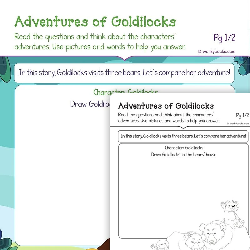 Adventures of Goldilocks in "Goldilocks and the Three Bears" — ela worksheet for Grade K, page 1 of 3