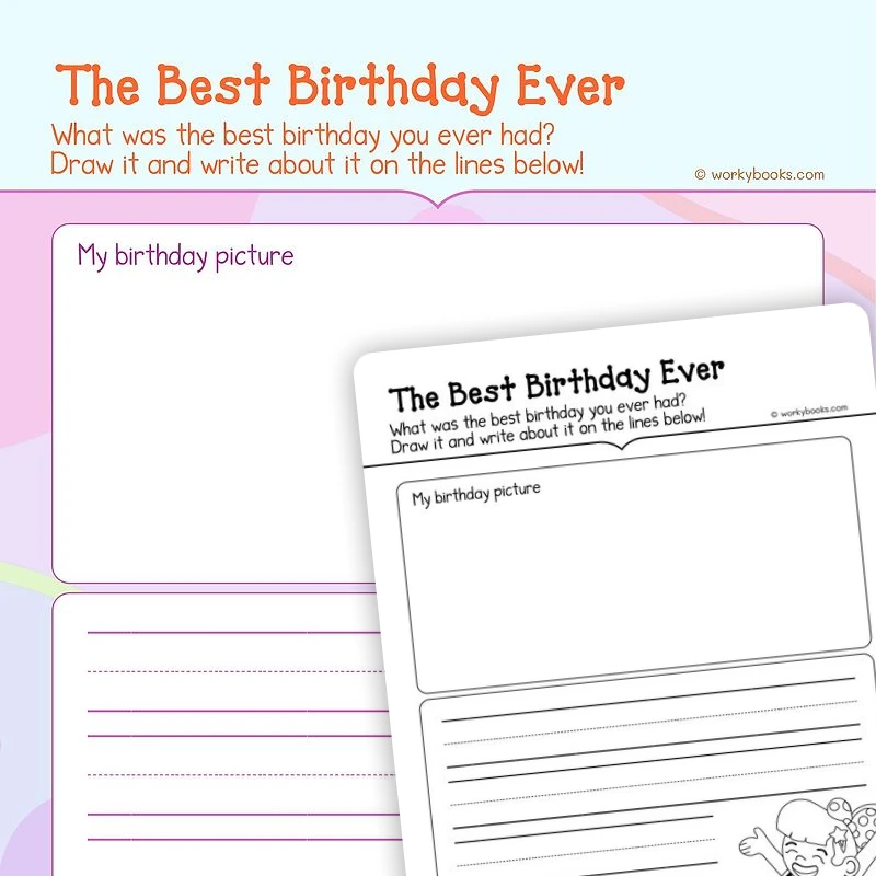 Writing About The Best Birthday for Narrative Writing — ela worksheet for Grade K, page 1 of 3