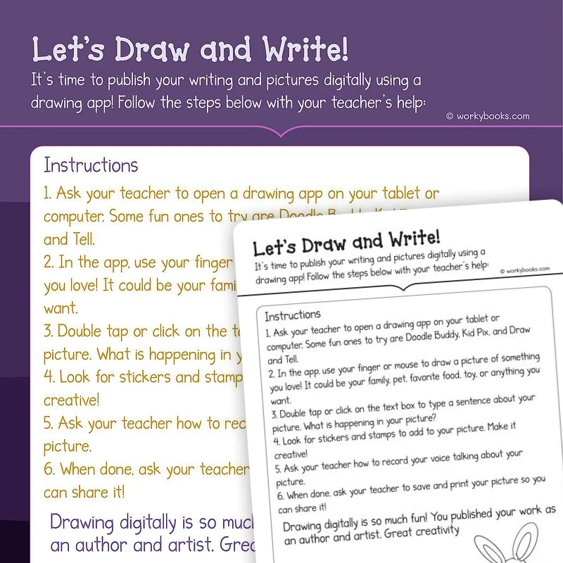 Let us Draw and Write — ela worksheet for Grade K, page 1 of 3