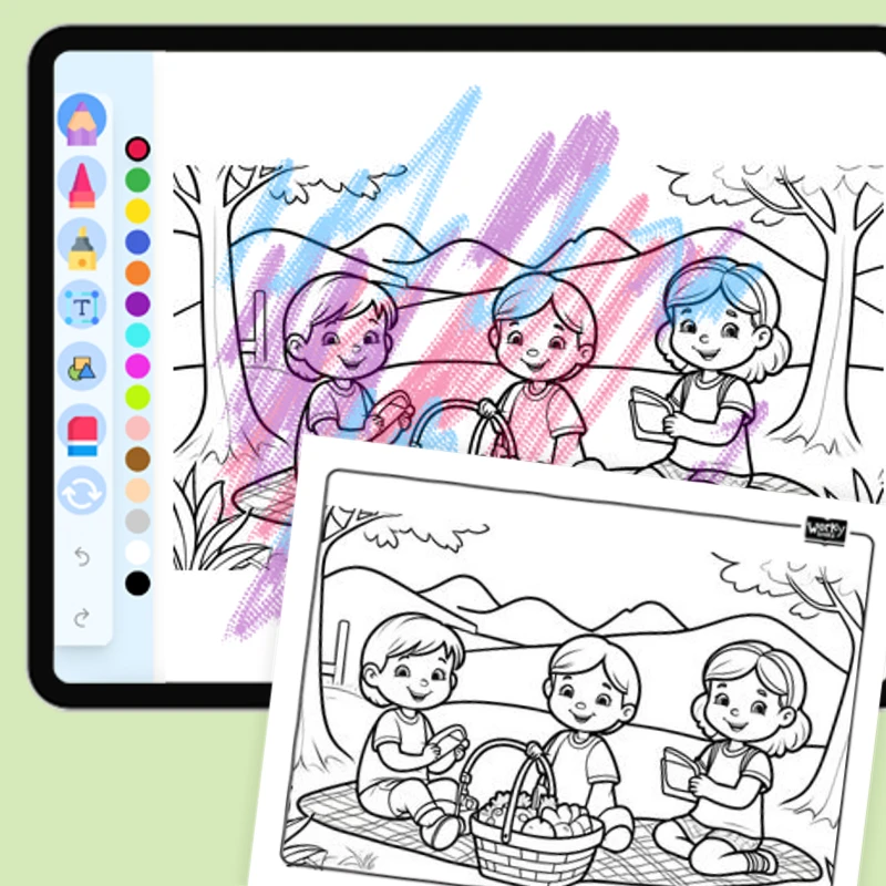 Friends on Picnic — coloring-pages coloring page for Grade 1, Grade 2, Grade 3, Grade 4, Grade 5, page 1 of 1