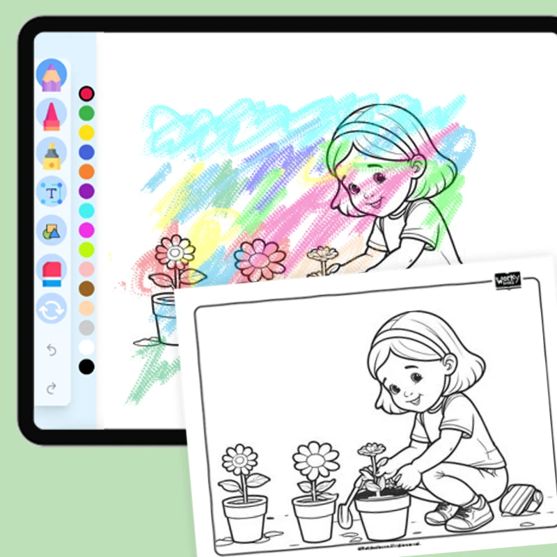 Planting flowers — coloring-pages coloring page for Grade 1, Grade 2, Grade 3, Grade 4, Grade 5, page 1 of 1