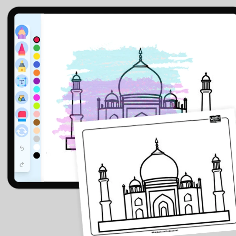 Taj Mahal, Agra — coloring-pages coloring page for Grade 1, Grade 2, Grade 3, Grade 4, Grade 5, page 1 of 1