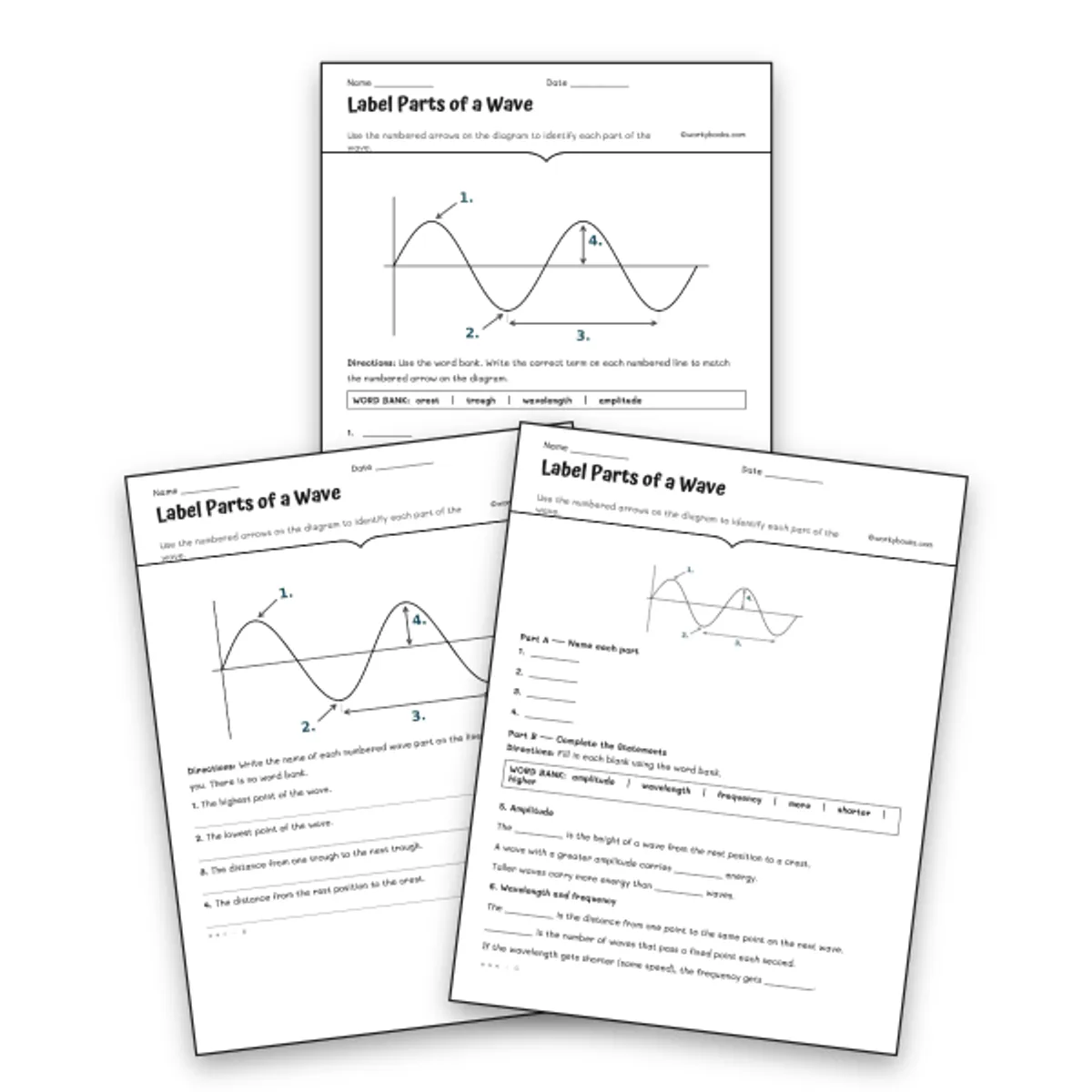 Label Parts of a Wave — science worksheet for Grade 6, Grade 7, Grade 8, page 1 of null