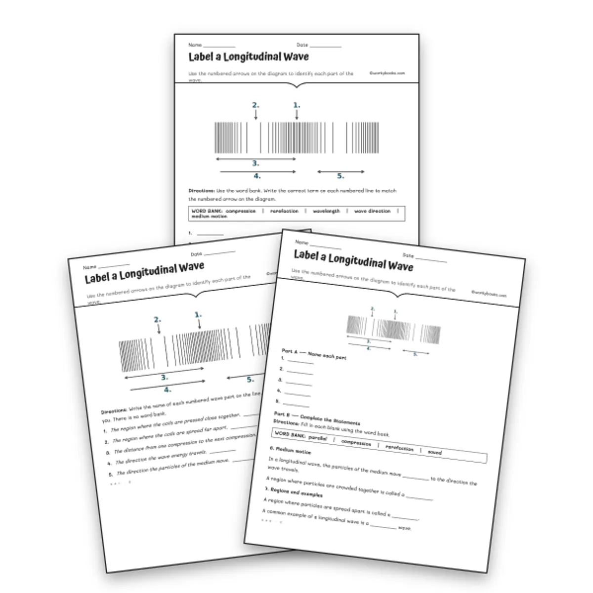 Label a Longitudinal Wave — science worksheet for Grade 6, Grade 7, Grade 8, page 1 of null