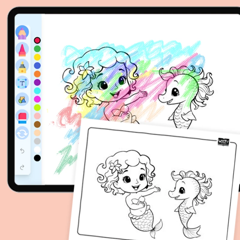 Mermaid playing with a seahorse — coloring-pages coloring page for Grade 1, Grade 2, Grade 3, Grade 4, Grade 5, page 1 of 1