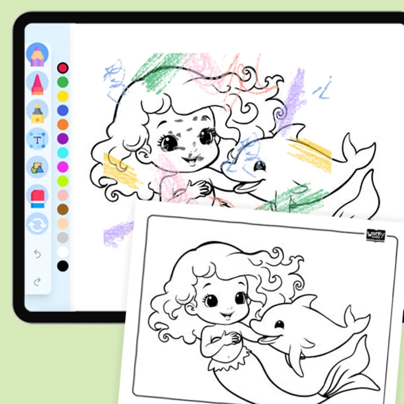 Little Mermaid with a dolphin — coloring-pages coloring page for Grade 1, Grade 2, Grade 3, Grade 4, Grade 5, page 1 of 1
