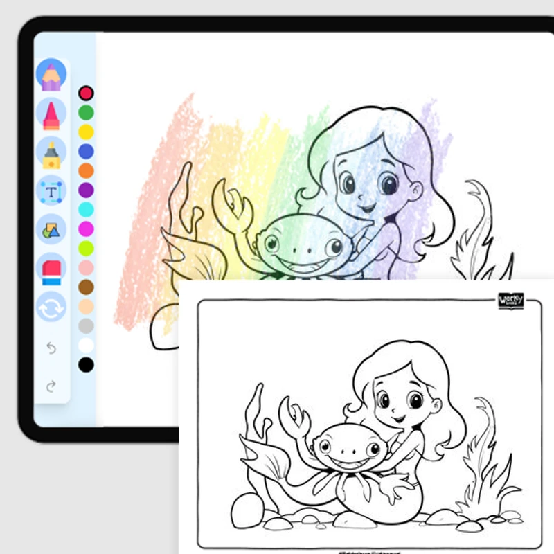Mermaid playing with a crab — coloring-pages coloring page for Grade 1, Grade 2, Grade 3, Grade 4, Grade 5, page 1 of 1