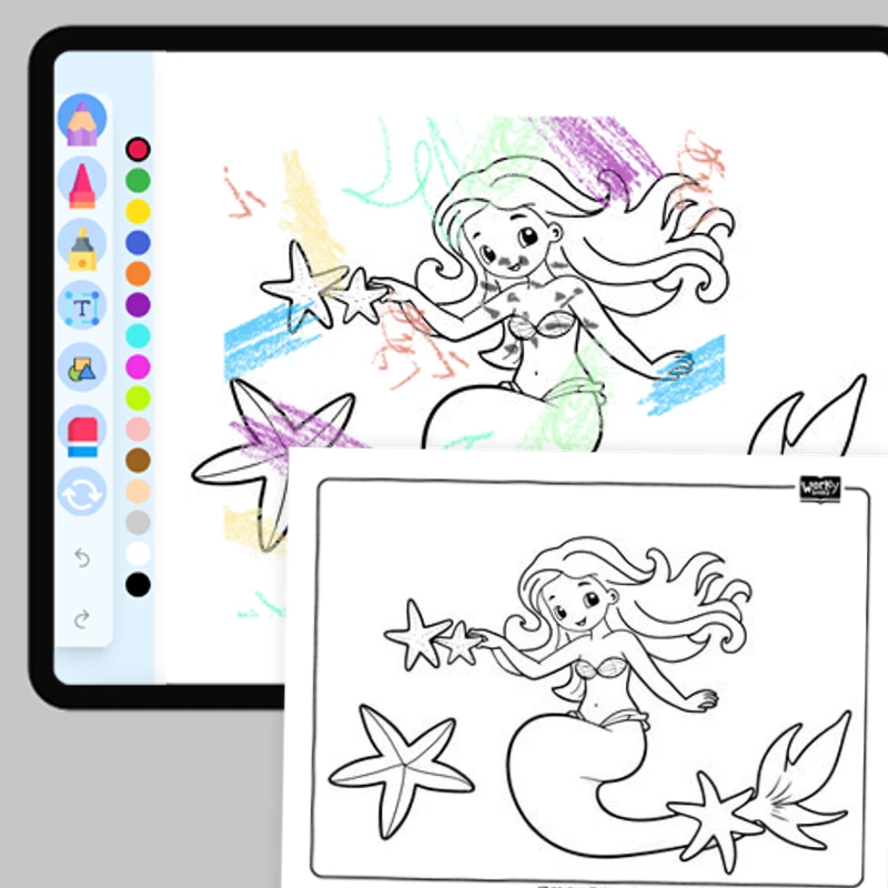 Mermaid playing with a starfish — coloring-pages coloring page for Grade 1, Grade 2, Grade 3, Grade 4, Grade 5, page 1 of 1