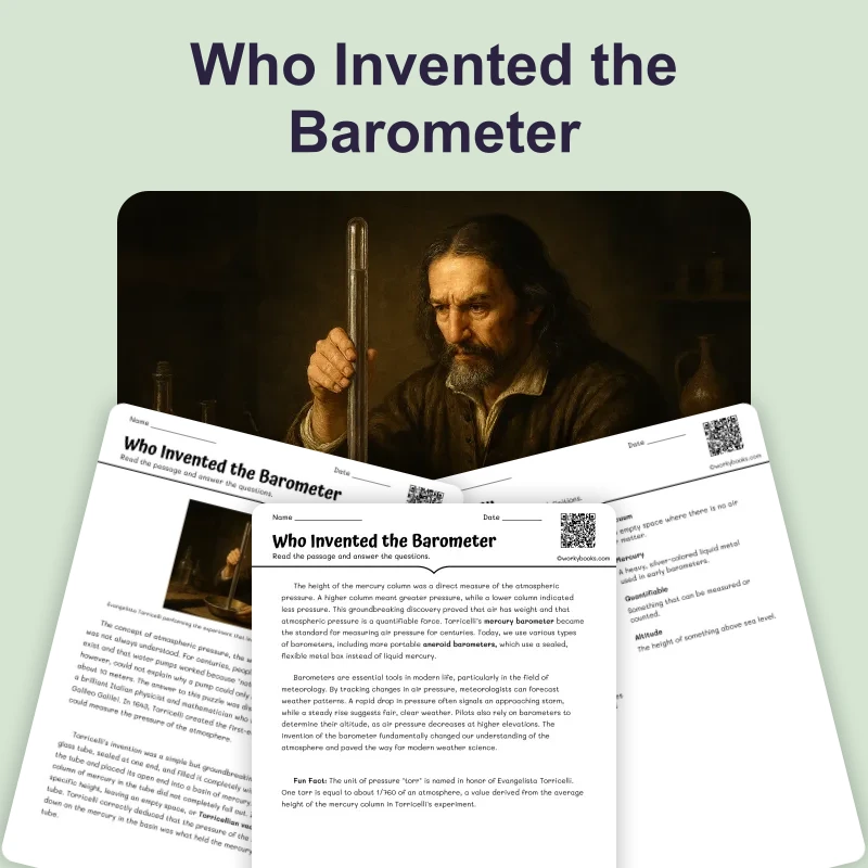 Who Invented the Barometer — ela — reading comprehension for Grade 3, Grade 4, Grade 5, Grade 6, Grade 7, Grade 8, page 1 of 4