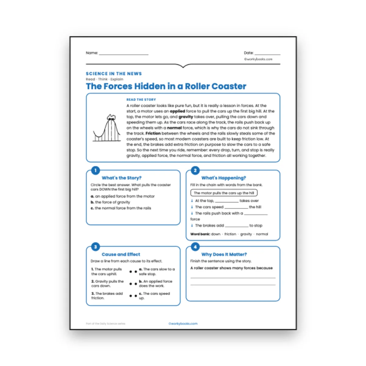 The Forces Hidden in a Roller Coaster — ela worksheet for Grade 6, page 1 of null