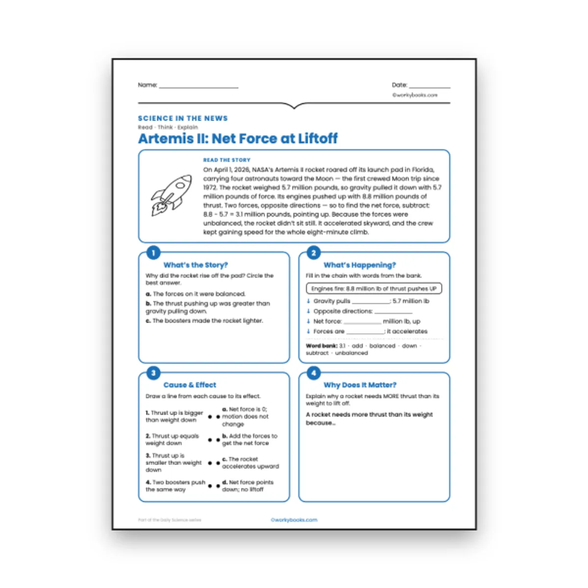 Artemis II: Net Force at Liftoff — ela worksheet for Grade 6, page 1 of null
