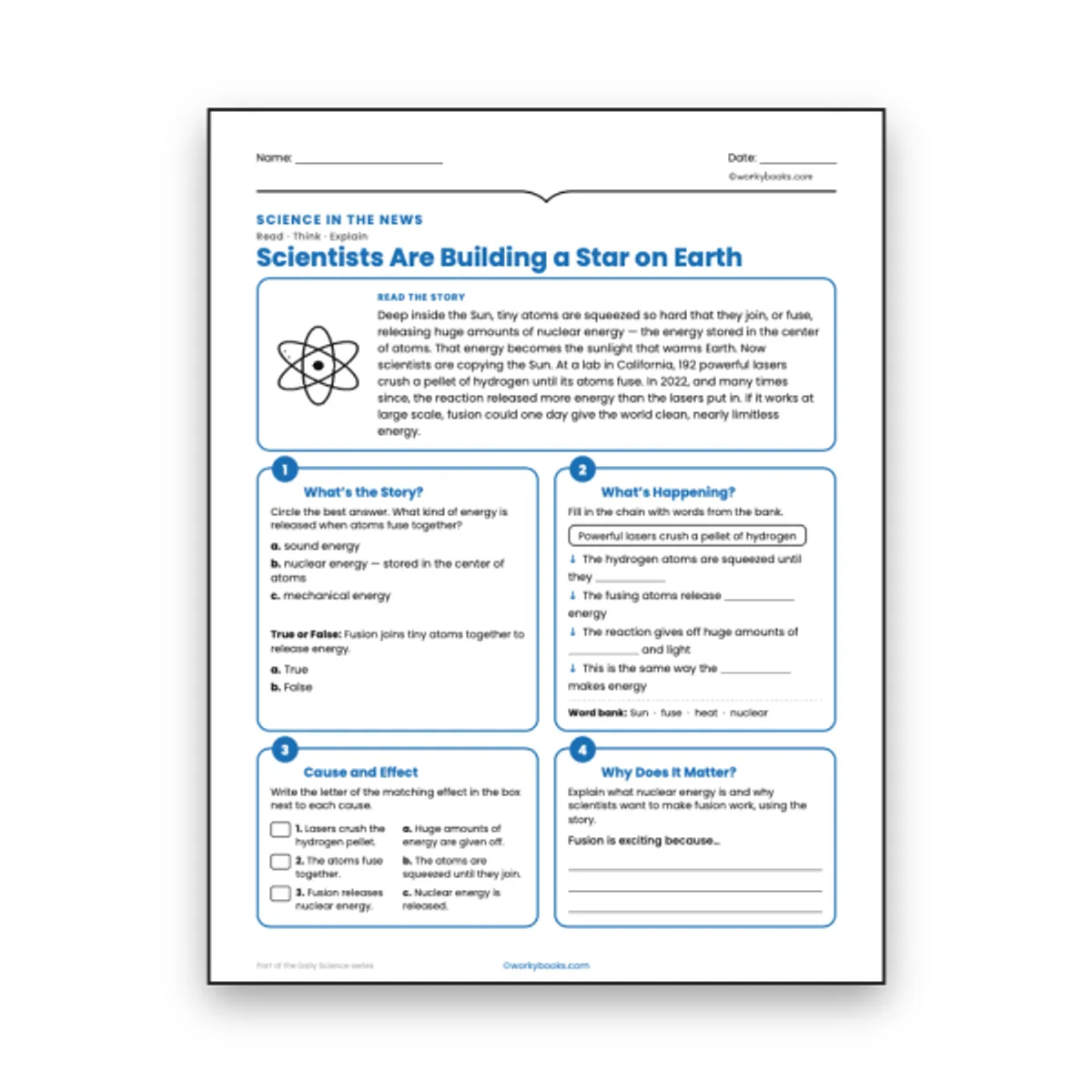 Scientists Are Building a Star on Earth — ela worksheet for Grade 6, page 1 of null