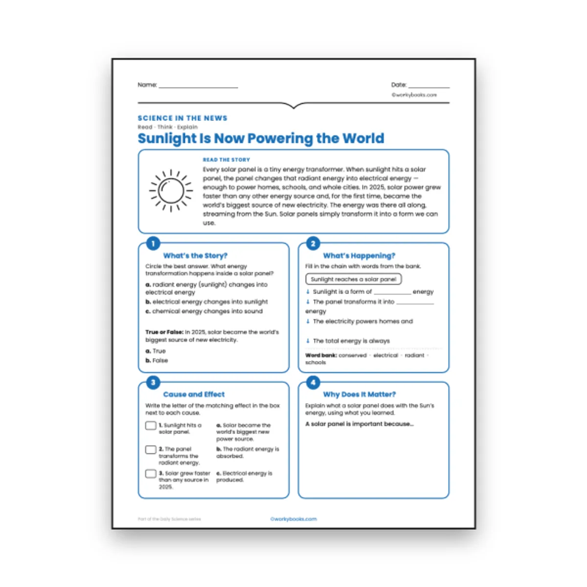 Sunlight Is Now Powering the World — ela worksheet for Grade 6, page 1 of null