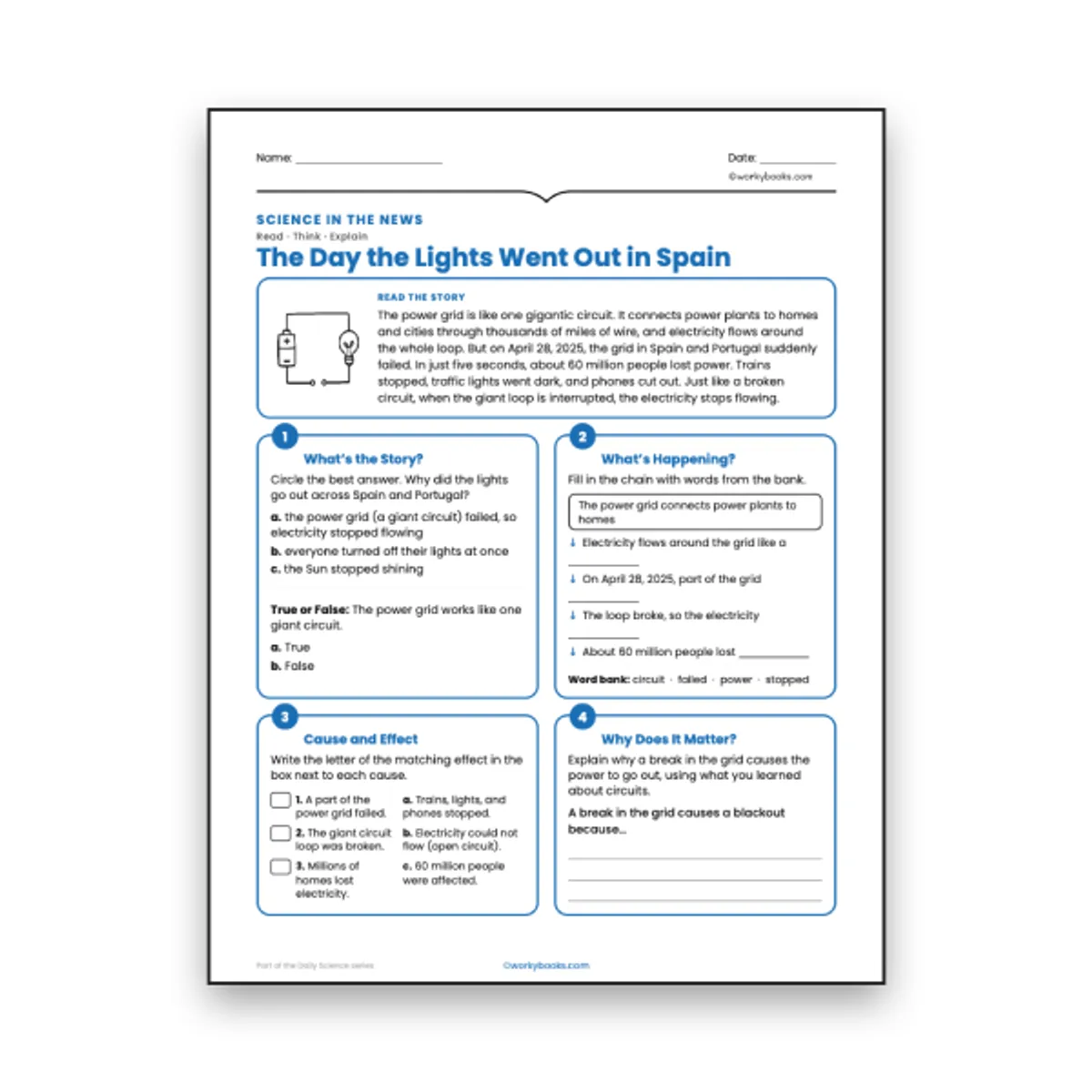 The Day the Lights Went Out in Spain — ela worksheet for Grade 6, page 1 of null
