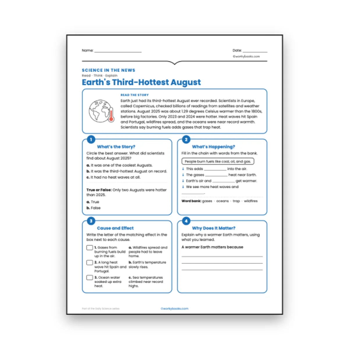 Earth's Third-Hottest August — ela worksheet for Grade 3, Grade 4, Grade 5, page 1 of null