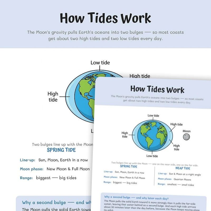 How Tides Work Poster — science worksheet for Grade 6, Grade 7, Grade 8, page 1 of null