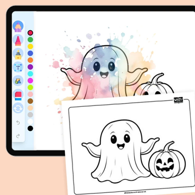 Pumpkin with friendly ghost — coloring-pages coloring page for Grade 1, Grade 2, Grade 3, Grade 4, Grade 5, page 1 of 1