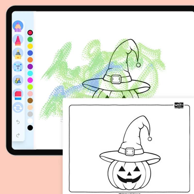 Pumpkin with witch hat — coloring-pages coloring page for Grade 1, Grade 2, Grade 3, Grade 4, Grade 5, page 1 of 1