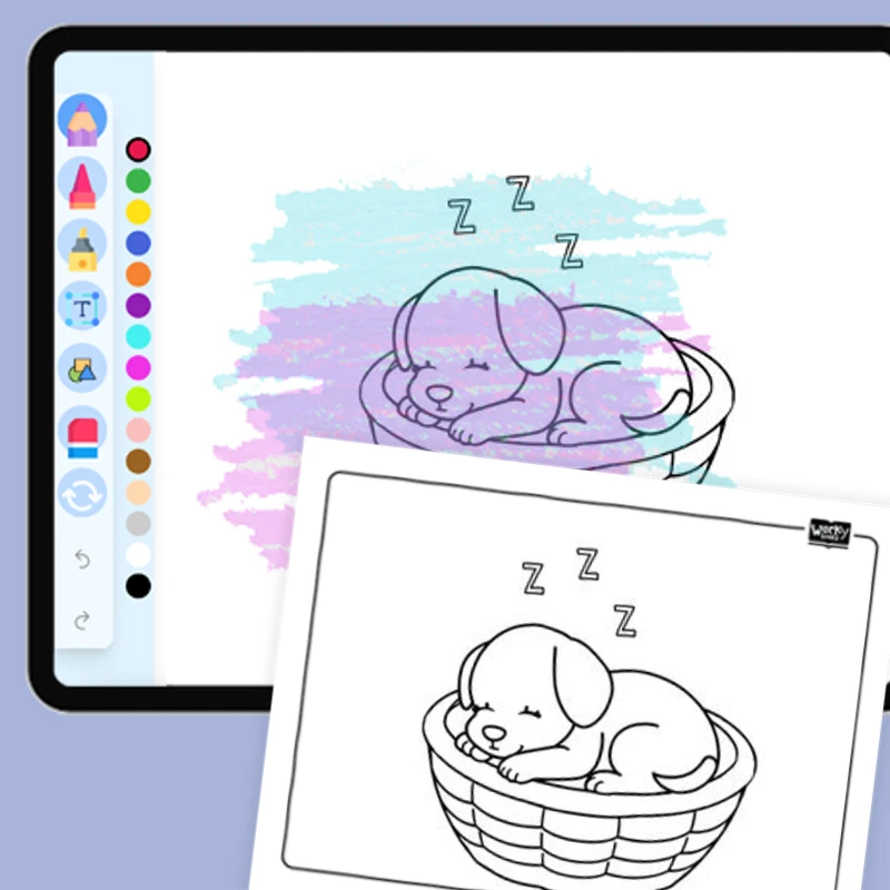 Sleepy Puppy in a Basket — coloring-pages coloring page for Grade 1, Grade 2, Grade 3, Grade 4, Grade 5, page 1 of 1