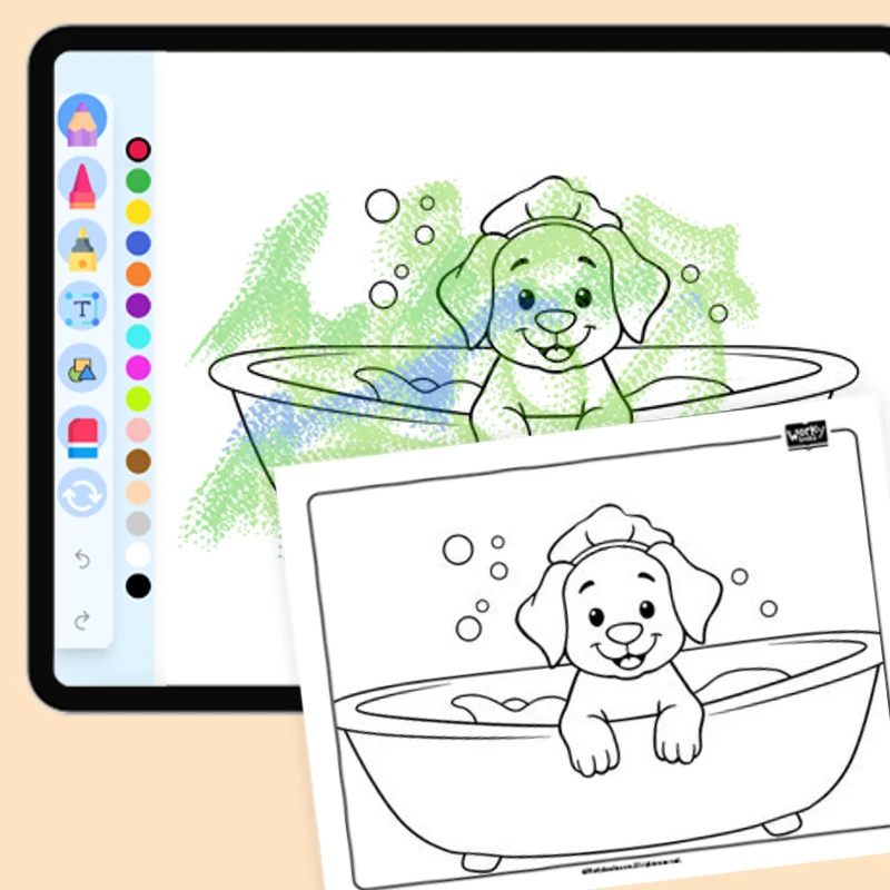 Puppy Taking a Bath — coloring-pages coloring page for Grade 1, Grade 2, Grade 3, Grade 4, Grade 5, page 1 of 1