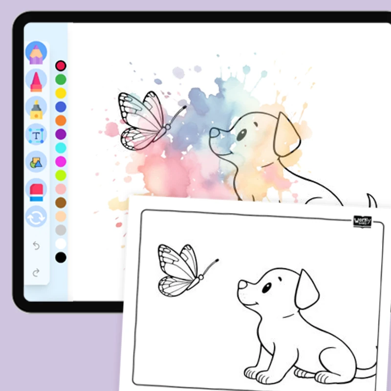 Curious Puppy Looking at a Butterfly — coloring-pages coloring page for Grade 1, Grade 2, Grade 3, Grade 4, Grade 5, page 1 of 1