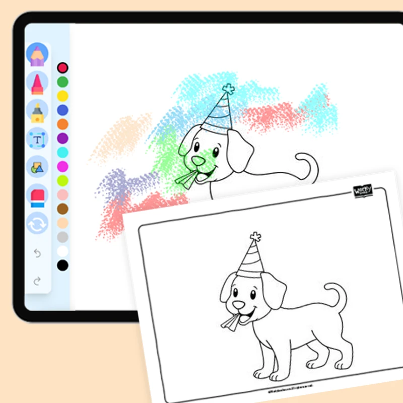Puppy Wearing a Party Hat — coloring-pages coloring page for Grade 1, Grade 2, Grade 3, Grade 4, Grade 5, page 1 of 1
