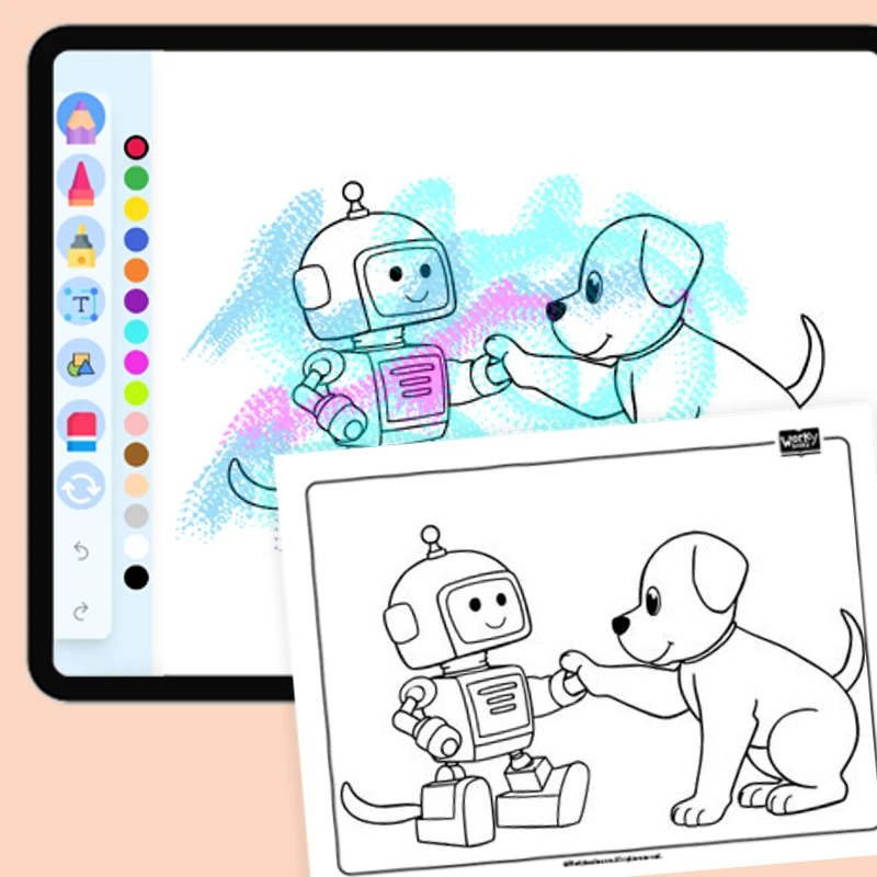 Puppy Playing with a Toy Robot — coloring-pages coloring page for Grade 1, Grade 2, Grade 3, Grade 4, Grade 5, page 1 of 1