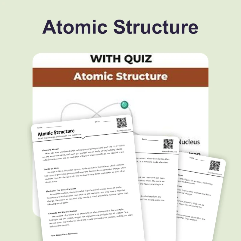 Atomic Structure — ela — reading comprehension for Grade 5, Grade 6, Grade 7, Grade 8, page 1 of 4