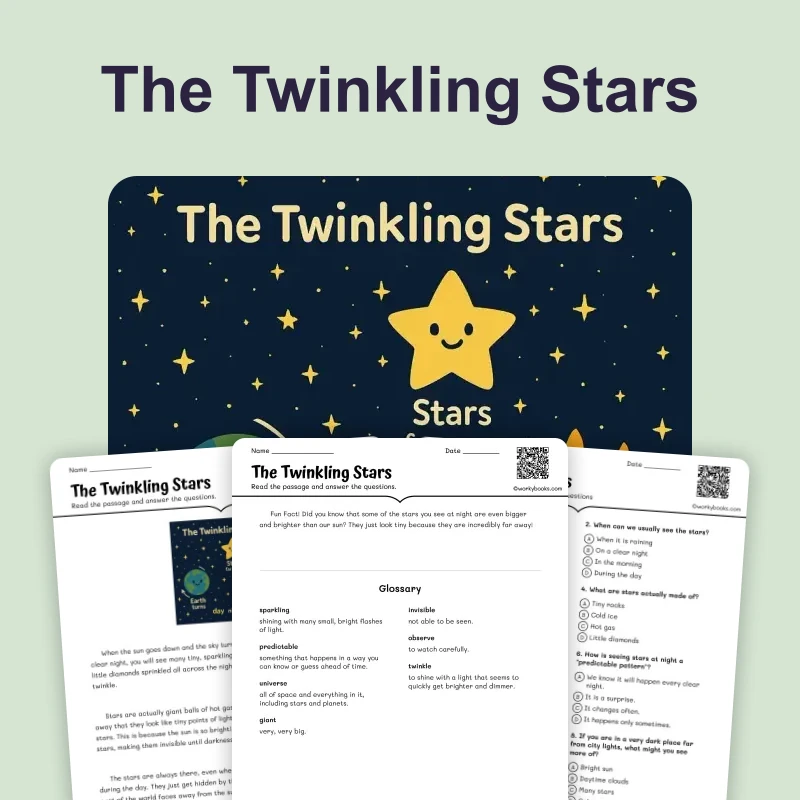 The Twinkling Stars — reading — reading comprehension for Grade 1, Grade 2, Grade 3, page 1 of 4